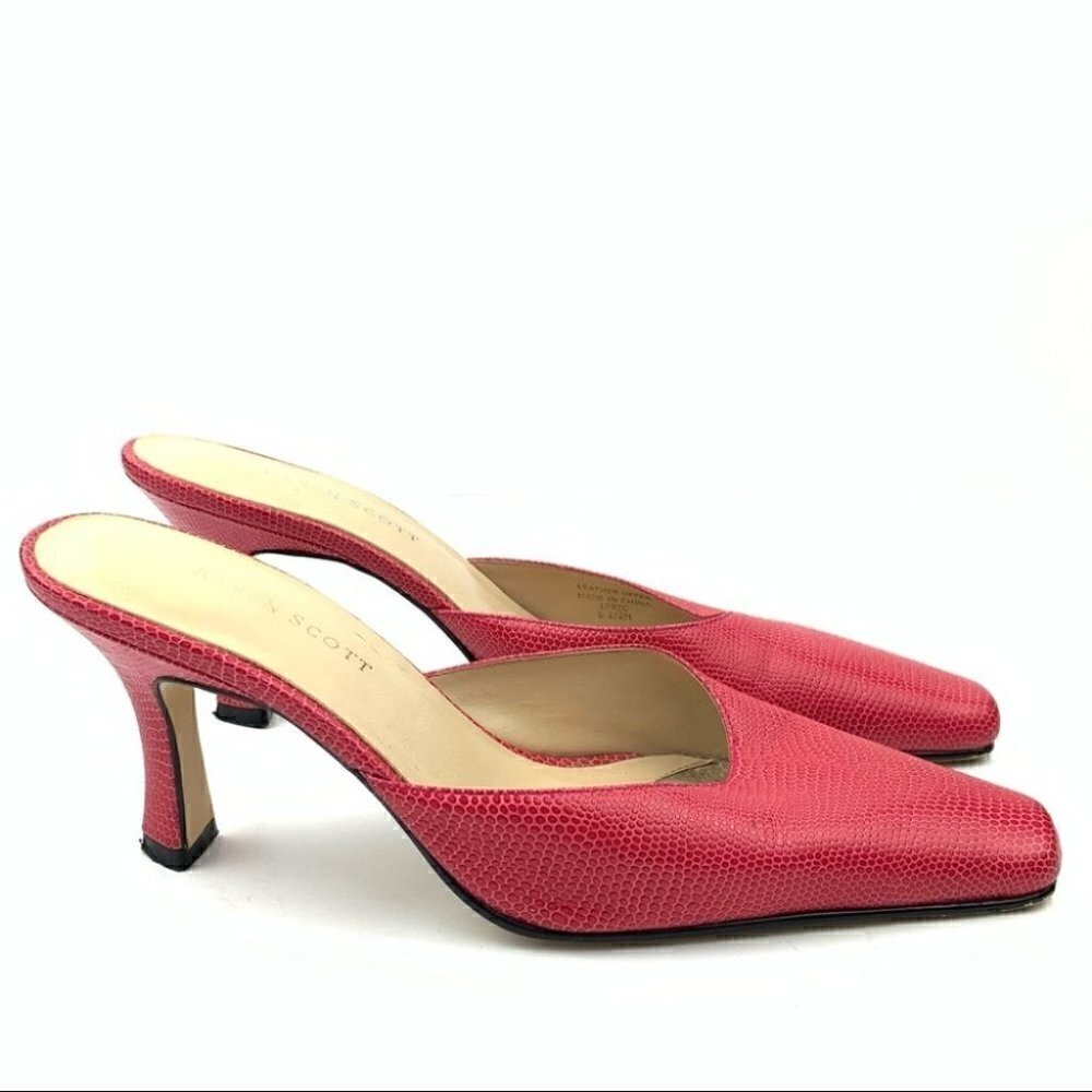 Karen Scott heels size Lyirc 6.5 pink snakeskin print pointy mules vintage 90s